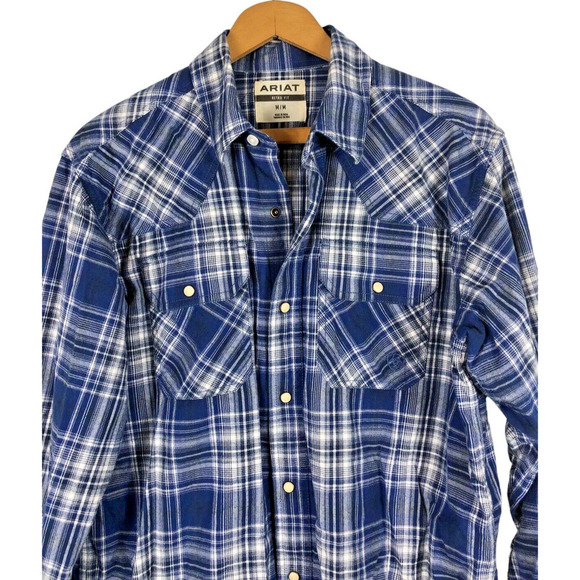 Ariat Retro Fit Shirt Medium Pearl Snap Brushed Cotton Mens Western Blue Plaid - Picture 3 of 8